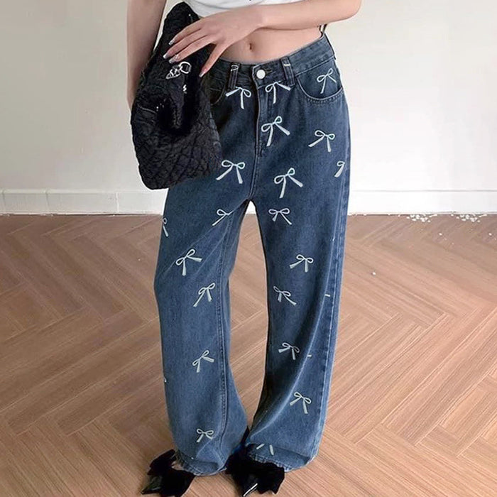 Personalized Bow Print Sweet Spicy Cool Girl Low Waist Basic Profile Casual Straight Leg Denim Trousers Summer