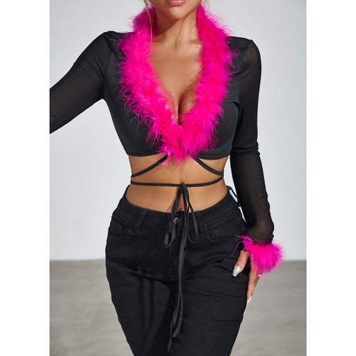 Color-Black-Women Clothing Autumn Feather V Neck Scheming Strap Cardigan Short Slim Top-Fancey Boutique