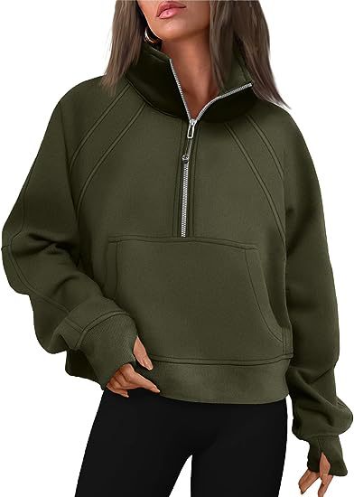 Color-Army Green-Women Clothing Half Zipper Short Stand Collar Thumb Hole Brushed Hoody-Fancey Boutique