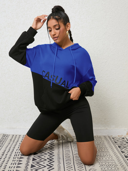 Color-Black Blue-Autumn Winter Contrast Color Hooded Women Sweater round Neck Pullover Long Sleeve Top-Fancey Boutique