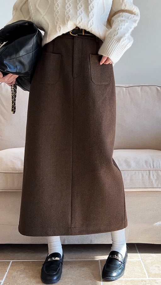 Color-Brown-Woolen Skirt High Waist Design Pocket Autumn Winter Cover Hip Woolen Skirt-Fancey Boutique