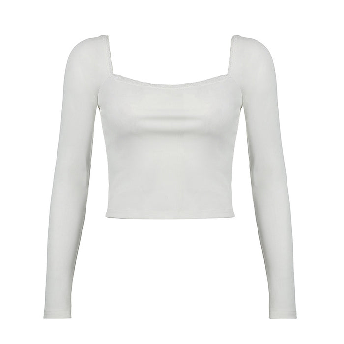 Fresh Basic Solid Color Lace Square Collar Shoulder T shirt Slim Bottoming Shirt-White-Fancey Boutique