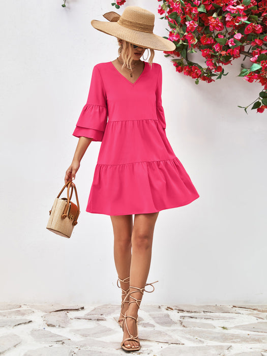 Popular Double Layer Bell Sleeve V neck Doll Type Dress-Fancey Boutique