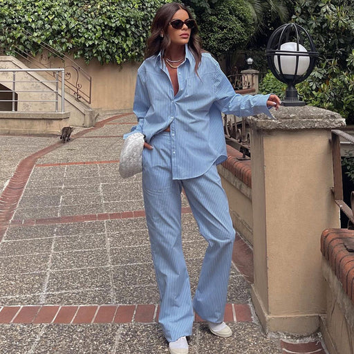 Autumn Blue Color Striped Casual Suit Collared Shirt High Waist Trousers Two Piece Set-Fancey Boutique