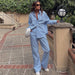 Autumn Blue Color Striped Casual Suit Collared Shirt High Waist Trousers Two Piece Set-Fancey Boutique