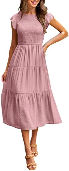 Color-Pink-Women Clothing Popular Pinfei Flounced Sleeve Pleating Layered Short Sleeve Large Swing Dress-Fancey Boutique