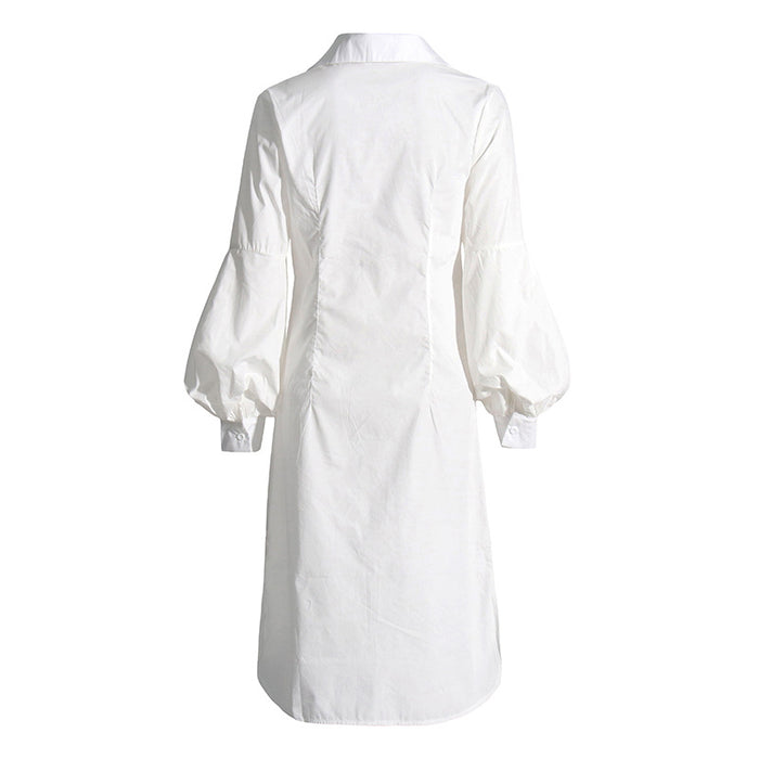 Color-White-Elegant Shirt Dress Spring Polo Collar Long Sleeve Waist Slimming Dress-Fancey Boutique
