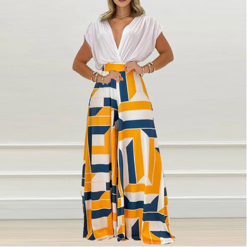 Color-White Maze-Women Clothing Summer Elegant V neck Printed Wide Leg Pants Casual Set-Fancey Boutique