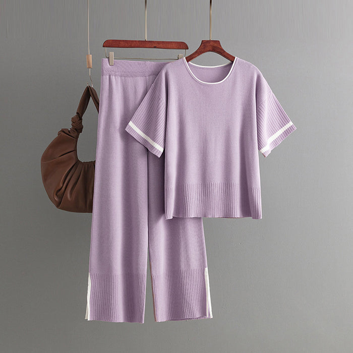 Color-Eggplant Purple-Women Clothing Casual Suit Contrast Color Short Sleeve Wide Leg Pants Pants Slit Two Piece Set-Fancey Boutique