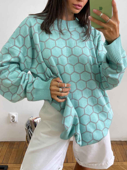 Round Neck Bee Sweater Autumn Winter Loose Lattice Pullover Sweater for Women-Mint-Fancey Boutique