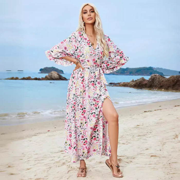 Summer Bohemian Beach Vacation Ruffle Sleeve Lace up Dress-Fancey Boutique