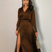 Color-Brown Suit-Spring Women Clothing Top Satin Satin Satin Skirt Slit French Retro Slim Fit Suit Women-Fancey Boutique