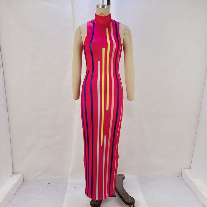 Color-Red-Autumn Winter Sunken Stripe Turtleneck Sleeveless Waist Tight Hip Slim Slimming Dress-Fancey Boutique