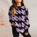 Color-Purple-Autumn Winter Loose Thickened Wave Striped Flocking round Neck Long Sleeve Knitted Sweater Pullover-Fancey Boutique