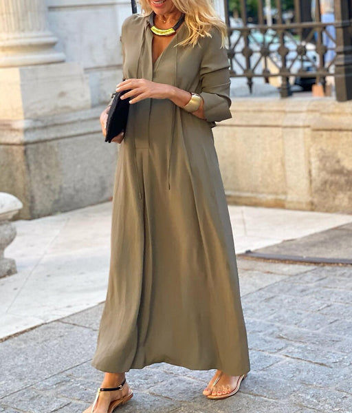 Color-Brown-Large Swing Dress Solid Color Collared Long Sleeve Simple Casual Long Shirt Dress-Fancey Boutique