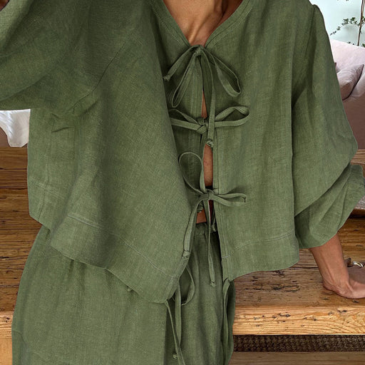 Women Clothing Retro Tea Dress for Women Puff Sleeve Shirt Set Summer-Green-Fancey Boutique