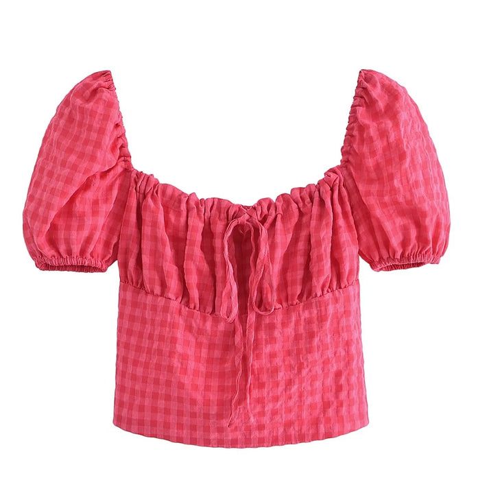 Color-Pink-Women Clothing Summer Square Collar Plaid Puff Sleeve Short Top Shirt-Fancey Boutique