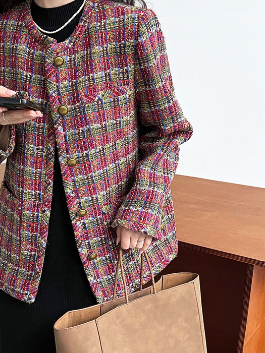 Color-Multi-High Grade Old Money Wine Red Contrast Color Check Woven Chanel Coat Women Swing Gold Top-Fancey Boutique