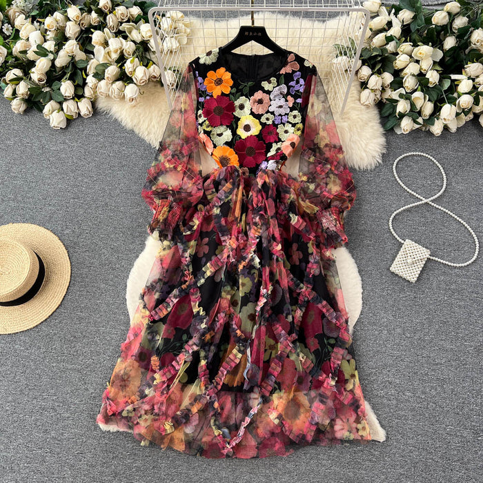 Color-High Grade Round Neck Long Sleeve Three Dimensional Floral Embroidery Stitching Mesh Tulle Tutu Dress Women Waist Slimming-Fancey Boutique