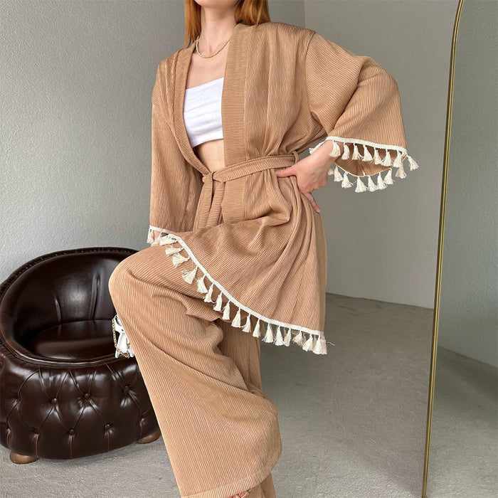 Color-Khaki-Early Autumn Tassel Corduroy Suit Women Casual Homewear Cardigan Top Straight Leg Pants Two Piece Set Women-Fancey Boutique