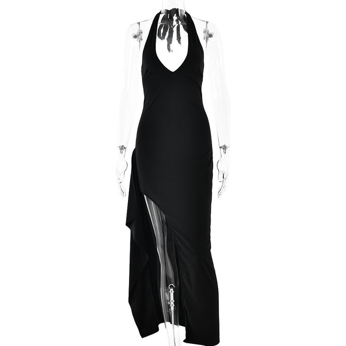 Spring Dress Sexy V neck Halter Strap Backless Slit Maxi Dress-Black-Fancey Boutique