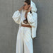Color-White-Three Piece Suit Autumn Winter Casual Set Hooded Bishop Sleeves Top High Waist Wide Leg Pants-Fancey Boutique