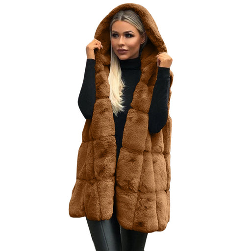 Color-Coffee-Faux Fur Hooded Vest Popular Autumn Winter Hooded Faux Fur Vest Women Imitation-Fancey Boutique