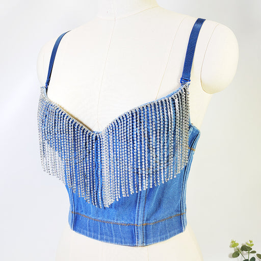 Sexy Denim Tube Top with Chest Pad Short Sleeveless Body Shaping Top Rhinestone Tassel Boning Corset Corset-Fancey Boutique