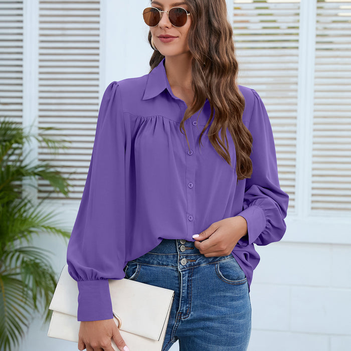 Color-Purple-Women Clothing Spring Autumn Chiffon Shirt Women Shirt Pleated Long Sleeved Top Women-Fancey Boutique