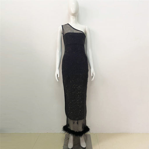 Color-Black-Mesh Diamond Embedded Oblique Shoulder Bandage Dress Sexy Slit Feather Cocktail Dress-Fancey Boutique