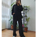 Women Clothing Solid Color Loose Top Casual Wide Leg Pants Women Two Piece Suit-Black-Fancey Boutique
