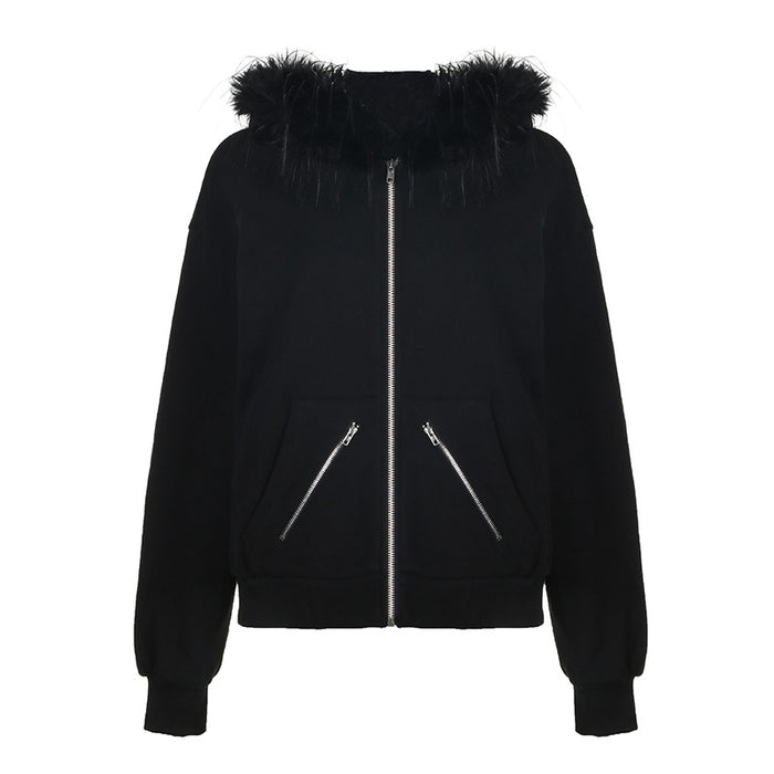 Color-Black-Black Zipper Split Printed Plush Hooded Sweater High Street BF Loose Warm Coat-Fancey Boutique