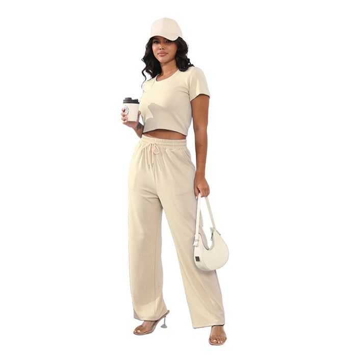 Summer Round Neck Short Sleeved Women Clothing Two Piece Suit Casual Wide Leg Pants Suit Cotton-Apricot-Fancey Boutique