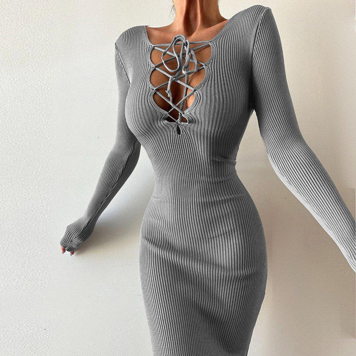 Autumn Elegant Sexy Woolen Reverse Hollow Out Cutout Thin Strap Slim Fit Dress Women-Gray-Fancey Boutique