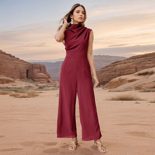 Summer Women Sleeveless Solid Color Swing Collar Jumpsuit-Burgundy-Fancey Boutique