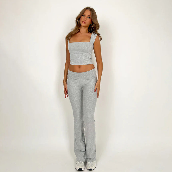 Color-Light Gray-Women Clothing Solid Color Square Collar Vest Bootcut Pants Suit Yoga Fitness Sports Two Piece Summer-Fancey Boutique