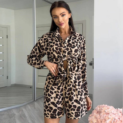 Summer Women Leopard Print Long Sleeve Cardigan Shirt Women Shorts Women Two Piece Set-Fancey Boutique