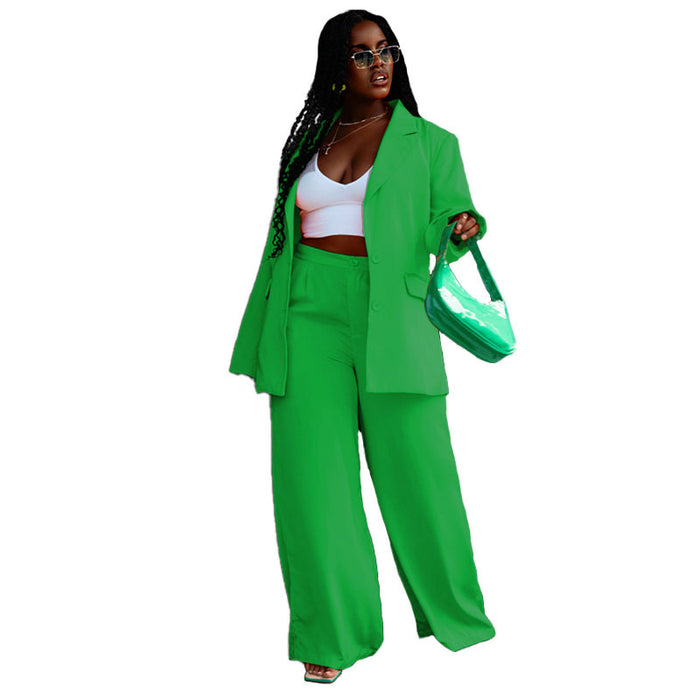 Color-Green-Spring Autumn Solid Color Long Suit Women Top Slim Fit Wide Legged Pants Suit-Fancey Boutique