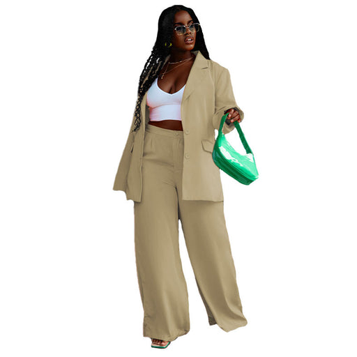 Color-Apricot-Spring Autumn Solid Color Long Suit Women Top Slim Fit Wide Legged Pants Suit-Fancey Boutique