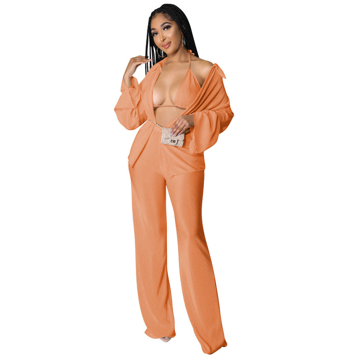 Color-Orange-Sexy Pleated Cardigan Three-Piece Set Women-Fancey Boutique