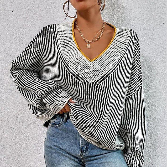 Autumn Winter V Neck Loose Slimming Batwing Sleeves Sweater Striped Contrast Color Pullover Sweater Top-Fancey Boutique