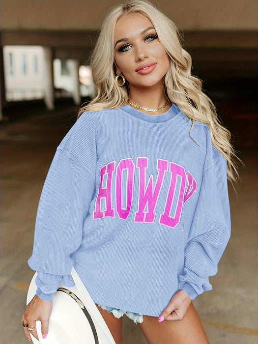 Color-Violet Color-Letter Graphic Printing Casual Sweatshirt Women Solid Color Loose Round Neck Pullover Long Sleeve Top Women-Fancey Boutique