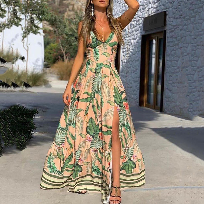 Summer Women Clothing Dress V neck Strap Printed Leaves Beach Vacation Split Dress-Leaf Figure 3-Fancey Boutique