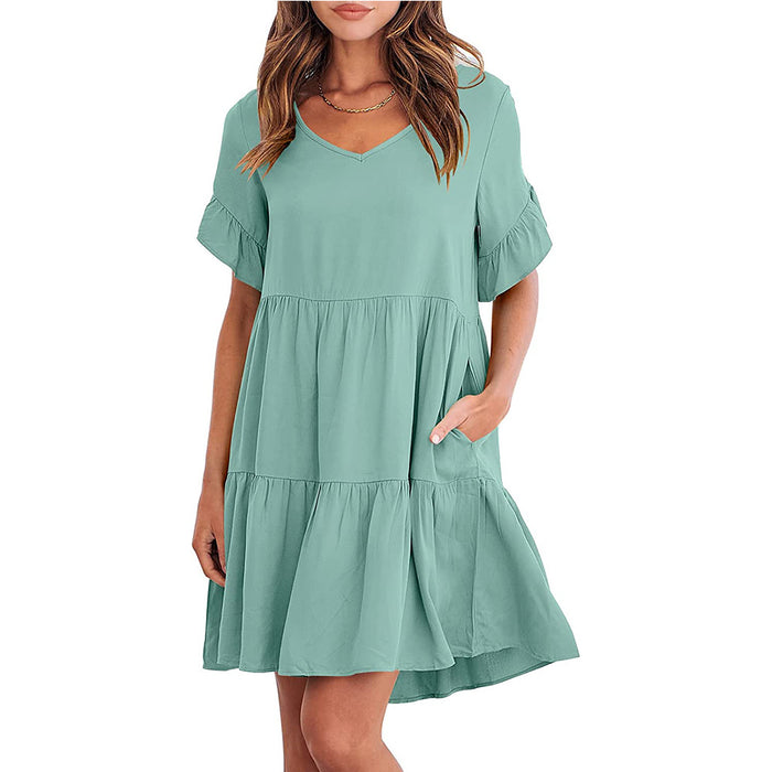 Color-Light Green-Women Summer Casual V Neck Little Girl Clothes Three Layer Pleated Dress-Fancey Boutique