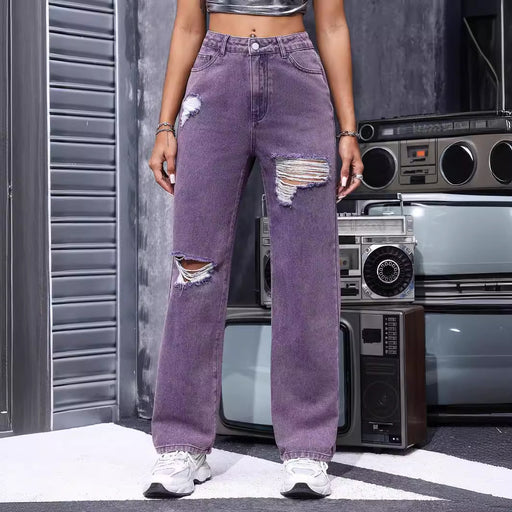 Summer Women Denim Straight Jeans Ripped Distressed Retro Trends Slimming Purple-Fancey Boutique