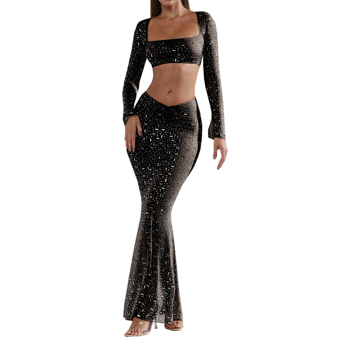Color-Black-Women Clothes Sexy Rhinestone Top Mermaid Skirt Skirt Set-Fancey Boutique