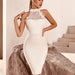 Color-White-Halterneck Vest Lace See through Midi Dress Sexy Slim Fit Slimming Sheath Dress Party Dress-Fancey Boutique