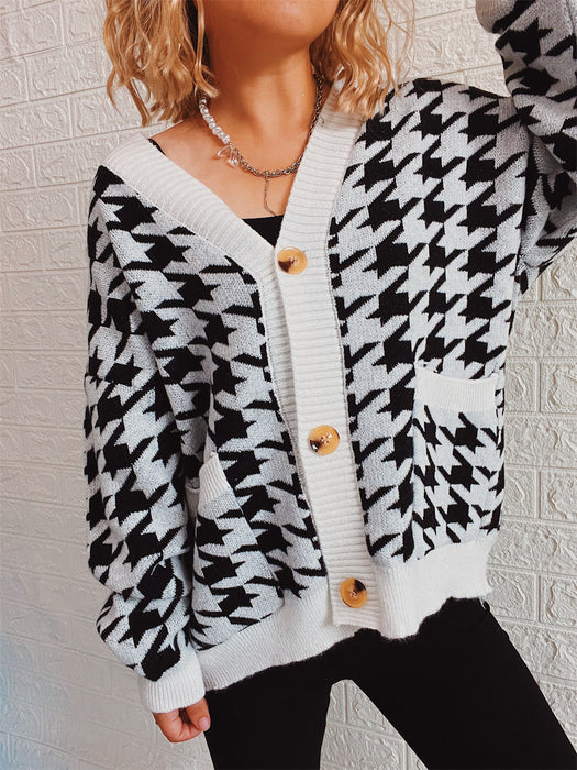 Color-White-Sweater Women Loose V neck Houndstooth Contrast Color Single Breasted Pocket Long Sleeve Knitted Cardigan-Fancey Boutique