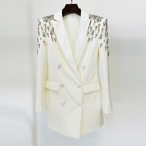 Color-White-Star Handmade Gorgeous Heavy Industry Beads Diamond Embedded Slim Fit Long Blazer-Fancey Boutique