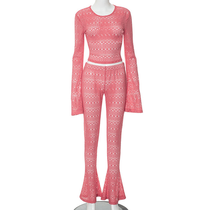 Color-Pink-Sexy Hollow Out Cutout-out Lace Tops Tight Trousers Casual Sports Suit for Women-Fancey Boutique